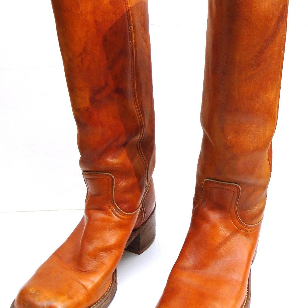 Vintage FRYE Black Label Campus Tall Pull On Boots 7.5 B Stacked Heel Tan 8159